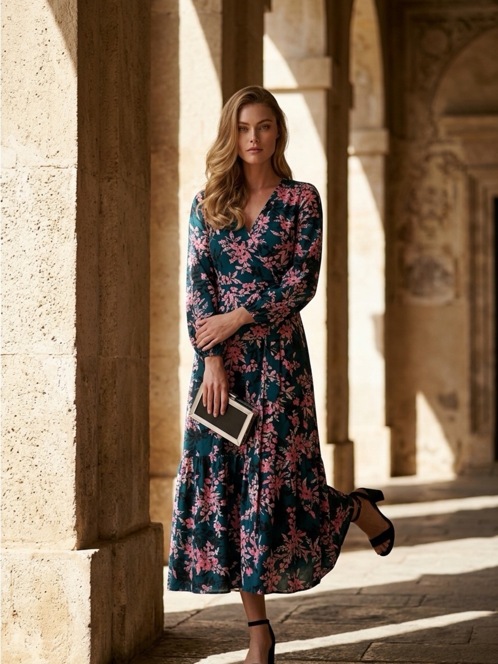 NWOT Bar III Teal Maxi Wrap Dress with Pink Floral Pattern - Picture 2 of 8